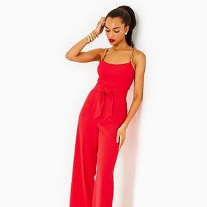 Lilly Pulitzer Zemira Sleeveless Jumpsuit with Gold Chain Straps and Waist Tie